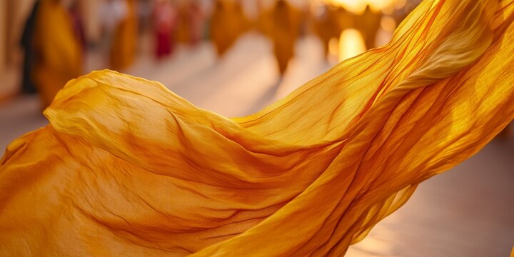 Orange cloth waving at kumbh mela in india during sunset