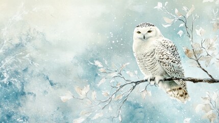 Snowy Owl on Branch, Winter Scene, Soft Focus, Artistic Style, Use for Nature Background, Desktop Wallpaper