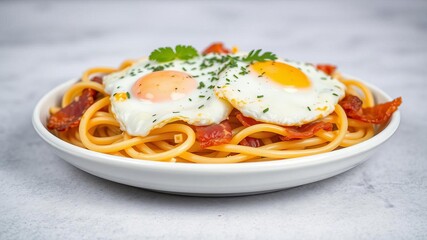 Fototapeta premium Classic Italian pasta carbonara topped with crispy bacon, creamy egg, and grated cheese on a white plate with ample copy space for adding text or design, food, copy space, tasty