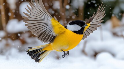 Obraz premium Great Tit Bird in Flight Winter Snow Yellow Bird Wildlife Photography