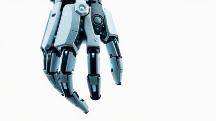 Fototapeta premium Close up of a cyborg robot hand showcasing advanced AI technology and artificial intelligence on a white background with copyspace, innovation, technology, copyspace