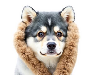 Obraz premium Close up of Akita dog head peeking out from behind a blue background, fur, hide, pet
