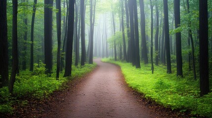 Obraz premium Misty Forest Path Winding Through Lush Green Trees