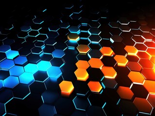 Obraz premium Hexagonal design glowing with blue and orange. Background black, use for tech presentations
