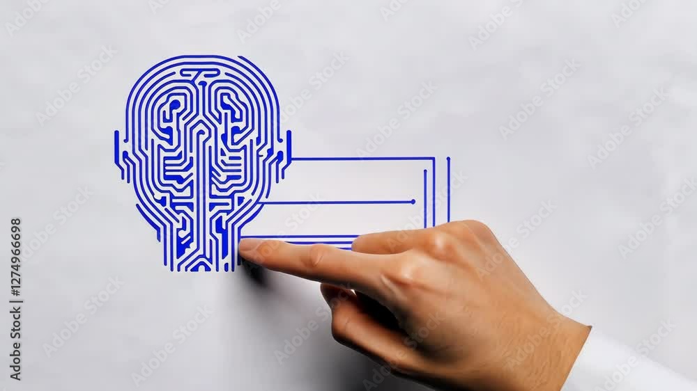 Poster hand interacts with digital circuit brain illustration, symbolizing technology and innovation vdo co