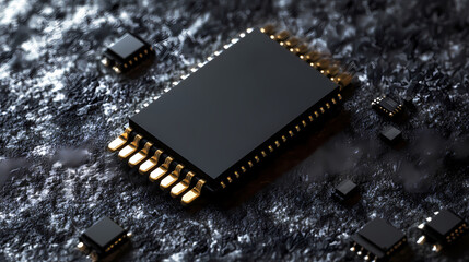 Black Chip with Golden Connectors on Metallic Background