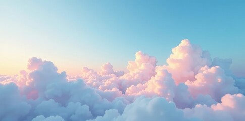 Softly glowing clouds float across a blue sky, pastel, white