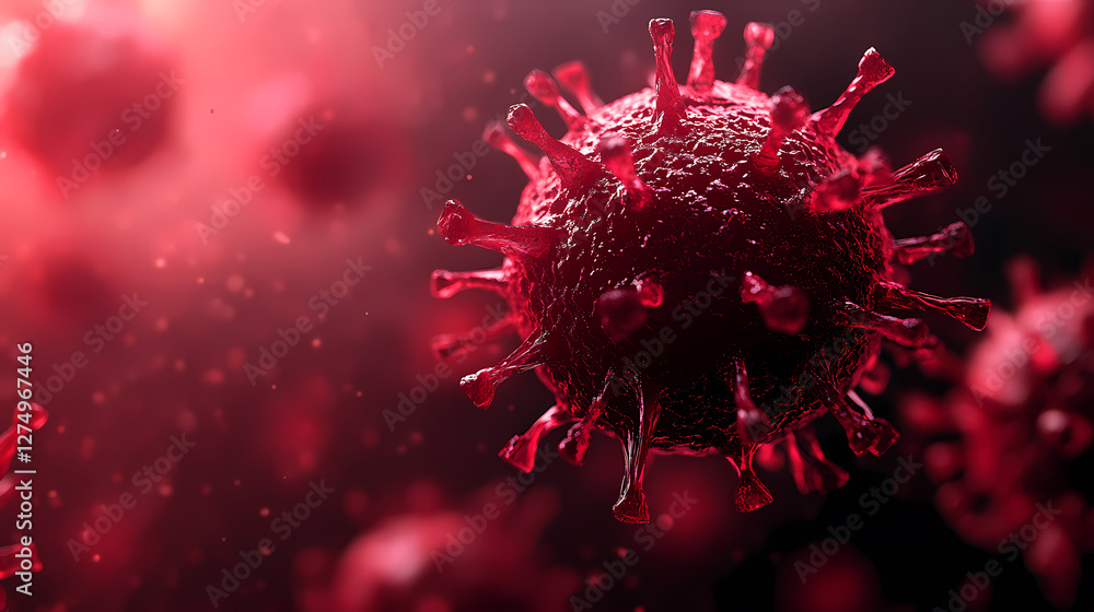 Poster microscopic image of a virus with deep red sphere and tentacle-like protrusions