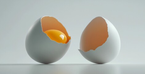 Minimalist conceptual image of a broken egg with a golden yolk inside. Isolated on white background