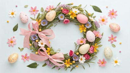 Easter wreath, easter eggs and flowers. 