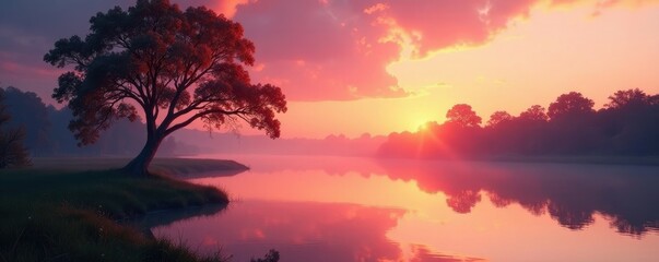 Obraz premium Softly glowing hues of orange and pink in the background of the Orwell River, serene, tree, sky