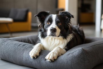 Border Collie rests comfortably on solid gray memory foam dog bed indoors