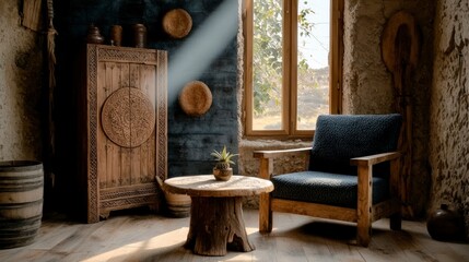 Rustic Cabin Interior  Cozy Armchair  Wooden Cabinet  Sunlit Room