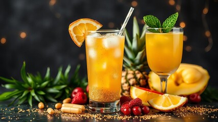 Fruit juice in a glass with shimmering gold glitter sprinkled on top, refreshing, diet, gold glitter