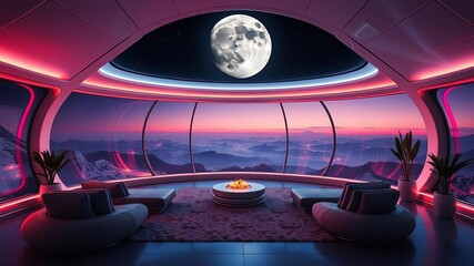 Futuristic lunar lagoon lounge with space age seating and serene lunar view, futuristic, view, lounge