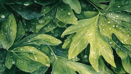 Fototapeta premium Lush green leaves covered with glistening water droplets abound