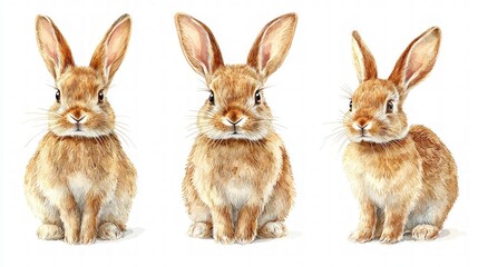 Fototapeta premium Adorable Brown Rabbit Trio Watercolor Animal Clipart