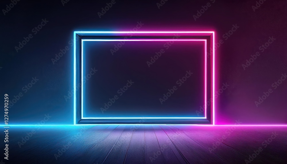 Poster neonlit empty frame mockup in futuristic cityscape backdrop with vibrant color palette and striking 