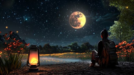 Obraz premium A serene night scene with a person gazing at a full moon by a glowing lantern amidst flowers