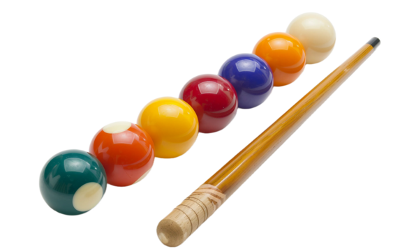 Pool Cue and Balls on transparent background PNG.
