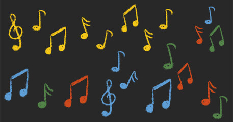 Chalk Textured Music Notes Set. Musical Note Sign Treble Clef. Kids pencil textured symbols. Freehand pastel childish hand drawn. School paintbrush doodle collection. Vector illustration isolated