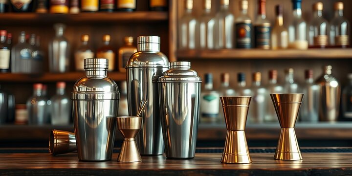 Copper barware on rustic wooden bar top, cocktail shakers, jiggers reflecting warm light, cocktail shakers, rustic, setting