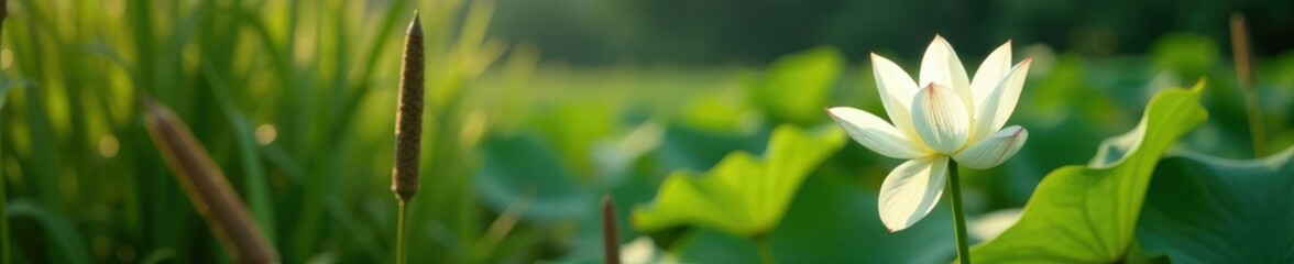 Naklejka premium White lotus flower growing among tall reeds and cattails, water plants, white lotus, landscape