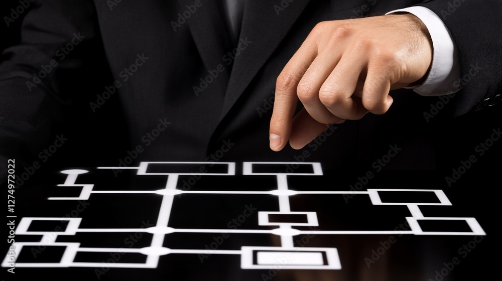 Poster man interacts with flowchart on digital interface