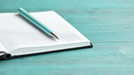 Writing in a notebook with a pen on a teal wooden surface close-up photography minimalist aesthetic calm environment creative concept
