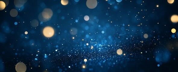 Blue bokeh glitter background, festive lights, dark backdrop, design element