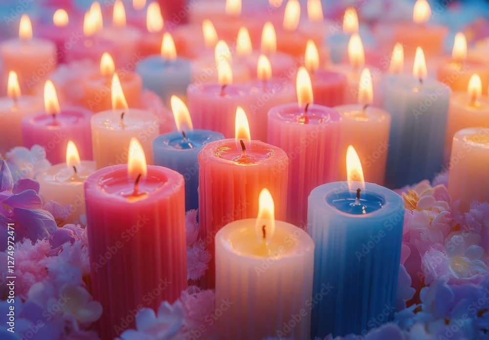 Poster a mesmerizing display of burning candles in various colors creating a tranquil atmosphere along with