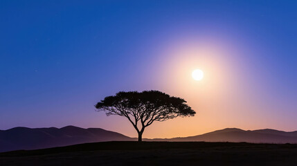 Lone Tree Silhouette Against Starry Night Sky and Bright Moonlight in Serene Landscape