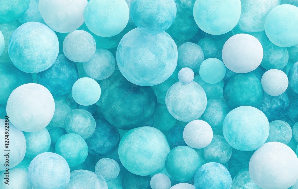 Poster abstract background of light blue and turquoise spheres in various sizes, creating a calm and soothi