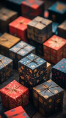 Obraz premium Colorful wrapped gifts arranged beautifully on a rustic wooden surface.
