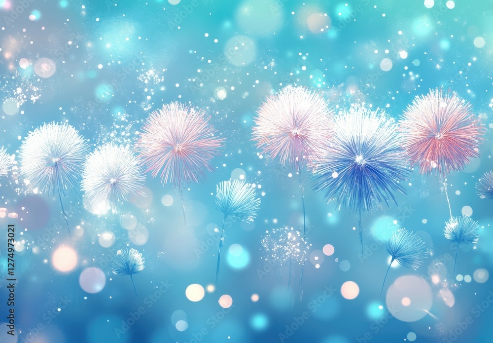 Poster abstract background with colorful dandelion flowers and bokeh effect in soft focus for artistic desi