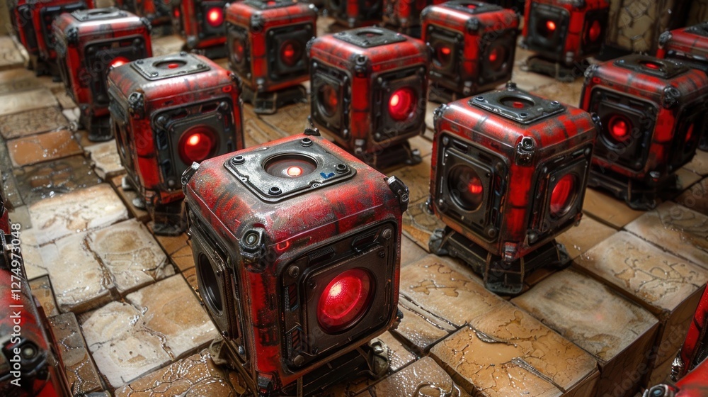 Poster red cubic robots in a dark factory