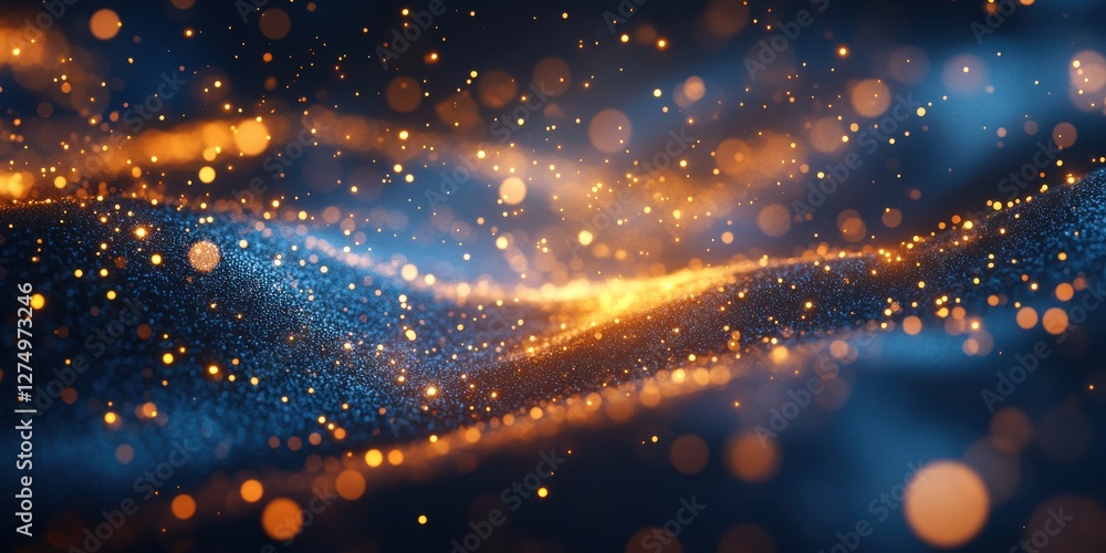 Poster abstract background with vibrant golden and blue shimmering particles flowing over waves, creating a