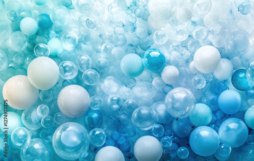 Poster abstract blue and white background with bubbles and circles creating a serene and calming atmosphere