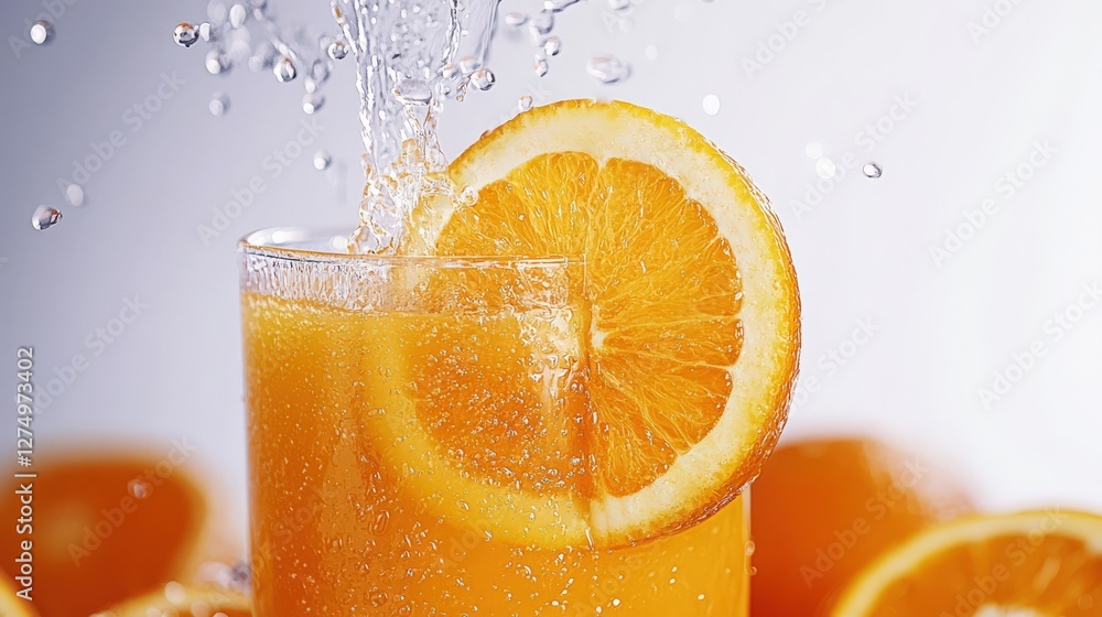 Poster refreshing orange drink splashing with citrus slices, vibrant background with whole oranges