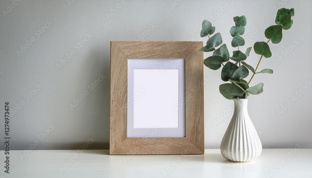 Aufkleber elegant white table setting with empty photo frame and eucalyptus decor, showcasing minimalistic rus