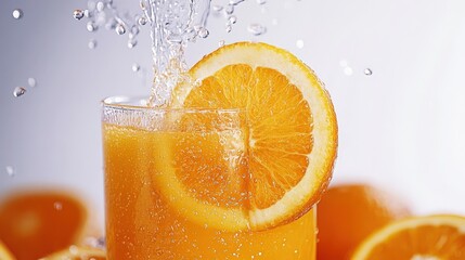 Refreshing orange drink splashing with citrus slices, vibrant background with whole oranges