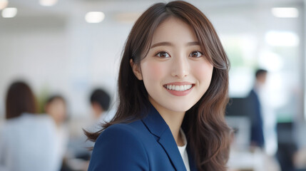 Japanese businesswoman wearing blue smart-casual smiling at office activity