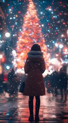Female in red coat admiring a festive Christmas tree amidst falling snow.