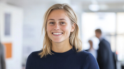 Blond businesswoman wearing blue smart-casual smiling at office activity