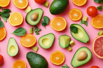 Pink background avocado orange tomato flatlay food photography