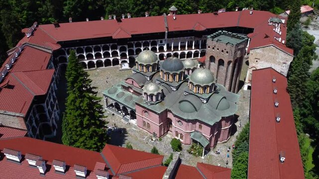 Drone view inside wonderful Rila Monastery on sunny summer's day - Bulgaria