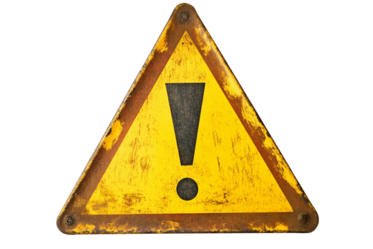 old yellow triangle warning sign with exclamation mark isolated on transparent white background, clipping path