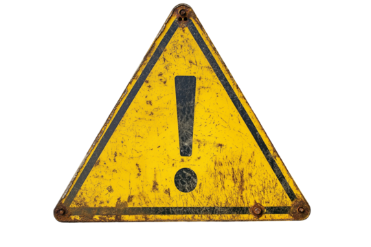 old yellow triangle warning sign with exclamation mark isolated on transparent white background, clipping path