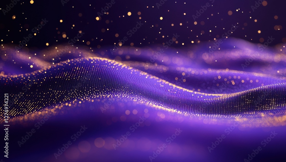 Poster abstract digital waves with glowing particles in a rich purple background showcasing depth and movem