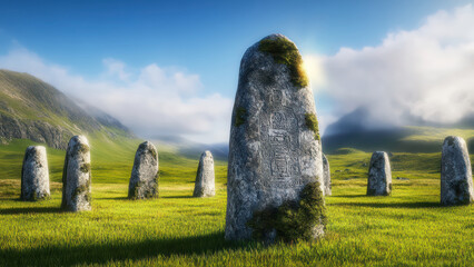 Ancient Stone Circle with Carved Monoliths in a Scenic Highland Landscape